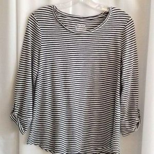 Chico's Ultimate Tee Navy White Stripe 3/4 Sleeves with Gold Button Size Small